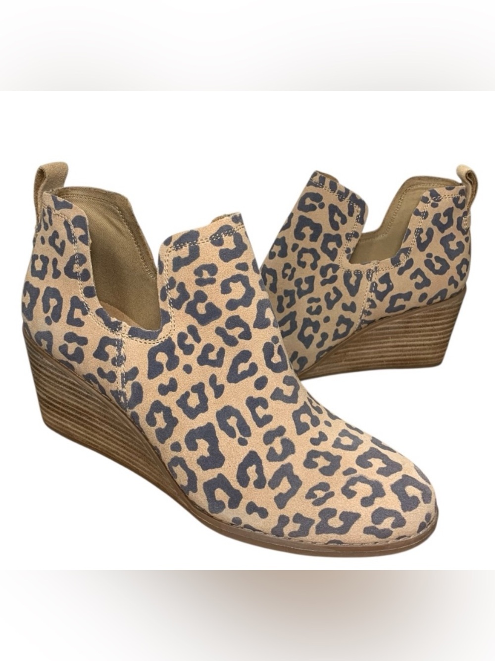Toms Kallie Suede Wedge Booties Beige Black Animal Cheetah Print 9 Ankle Boots